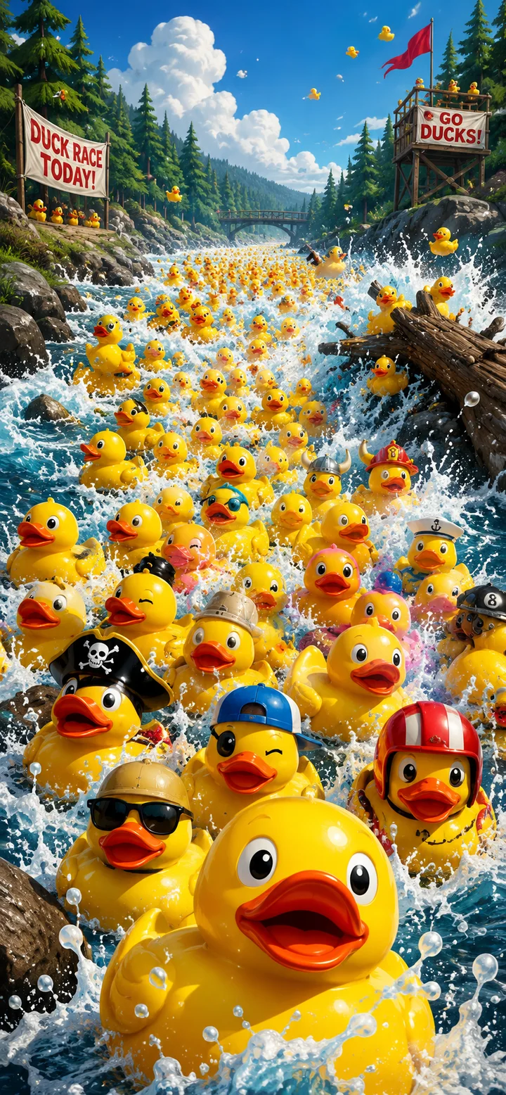 Hundreds of rubber ducks racing down a forest river past a DUCK RACE TODAY banner, some wearing tiny hats and helmets